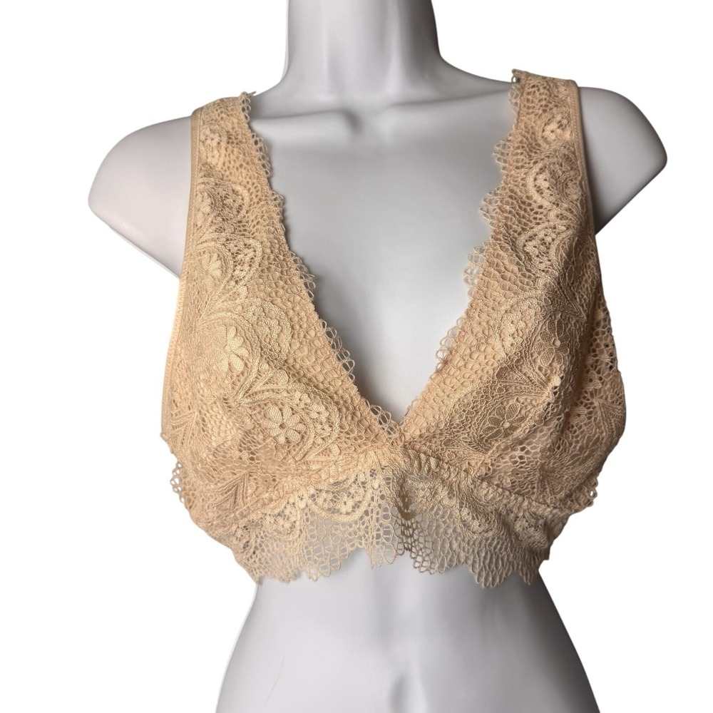Lace Bralette Women Large Beige Boho Longline Floral V-Neck Lined Stretch